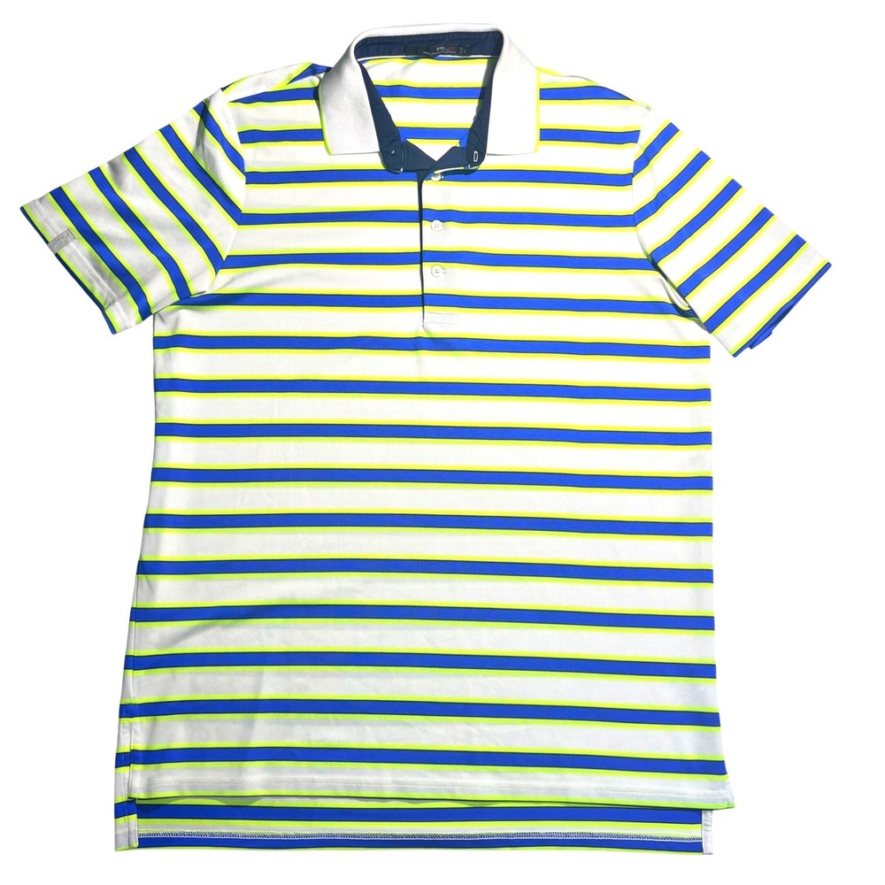 RLX Ralph Lauren Polo Golf Shirt White Blue Neon Yellow Striped Performance Sz L